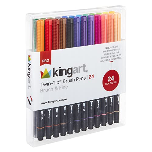 KINGART PRO Dual TwinTip Brush Pens, Set of 24 Unique & Vivid Colors