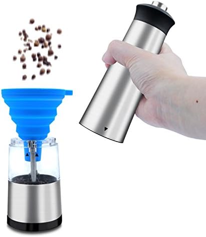 Electric Pepper and Salt Grinder with Funnel GUYUCOM Stainless Steel Electric Adjustable Pepper Mill Grinder Salt and Pepper Shaker Battery Powered with LED Light (9.0")