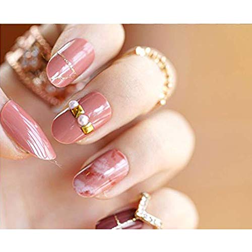 NEW Style Dyeing Pink Gold Glitter Line Rhinestone Pearl Decorated Medium Length Oval Full Cover False Nails with Design 24pcs 12 Different Size