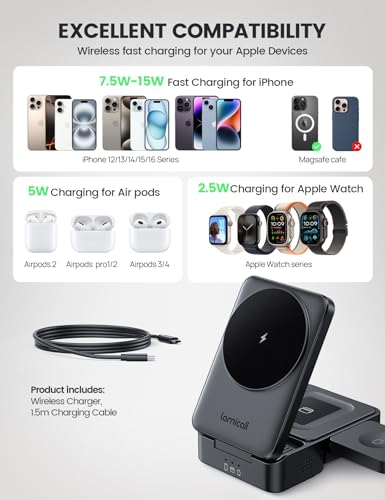 Lamicall 3 in 1 Charging Station for Apple - Foldable Wireless Charger Stand for Mag Safe Portable, Travel Wireless Charger Station for Multiple Devices