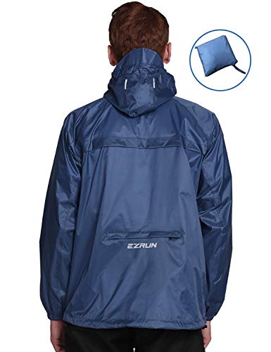 Men's Waterproof Hooded Rain Jacket Running Cycling Hiking Gear Windbreaker Lightweight Packable Raincoat (Navy,2XL)