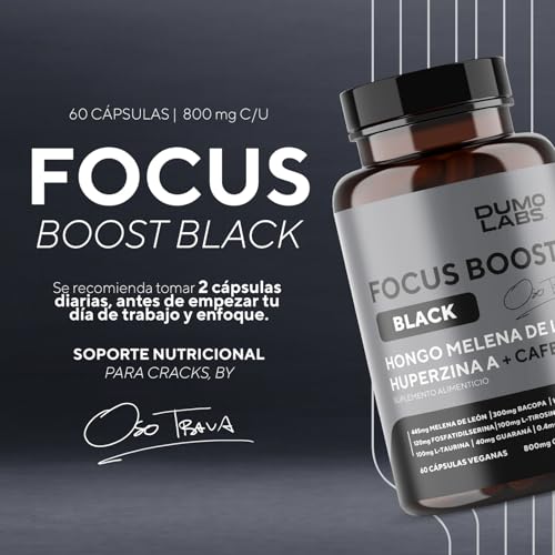 Dumo Focus Boost Black | Nootrópico Natural con Melena de León, Bacopa, Cafeína y Huperzina A | Energía Mental, Enfoque y Rendimiento Diario | 60 Cápsulas Veganas sin Gluten | 1 mes de consumo