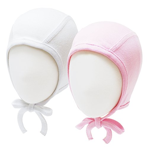 HappyTree 2 Pack Baby Hat Bonnet Soft 100% Combed Cotton Toddler Beanie Pilot Caps, White + Pink