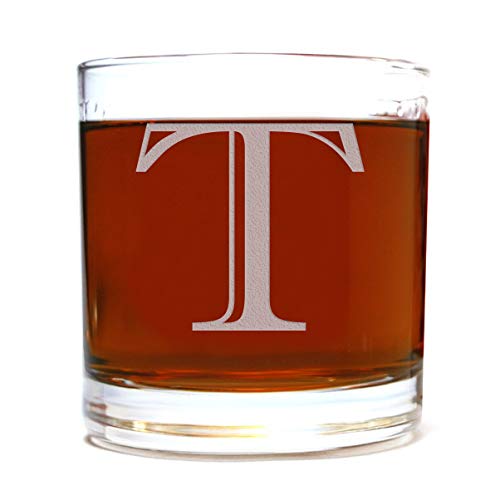Etched Monogram 10.5oz Rocks Old Fashioned Lowball Glass for Whiskey Scotch Bourbon (Letter T)
