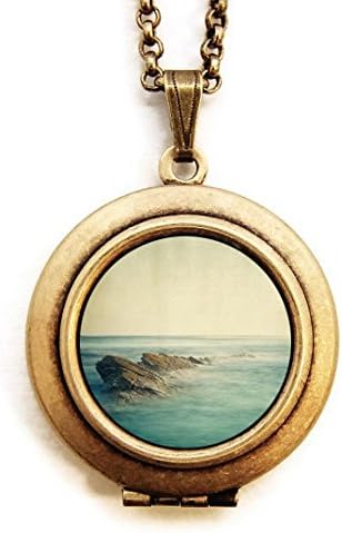 Dearest Mine Women's Brass Plated "Be Here Now" Ocean Seascape Petite Photo Locket Necklace 18 inches