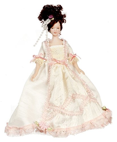 Dollhouse Miniature Porcelain Doll Lady in White & Peach Lace Gown