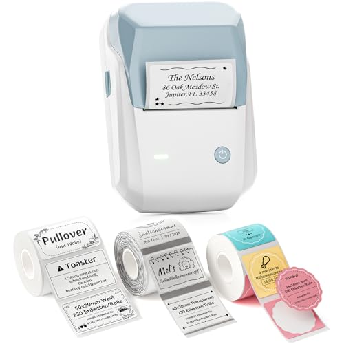 NIIMBOT B1 Etikettendrucker mit 3 Rollen Wasserfester Etiketten, Blau