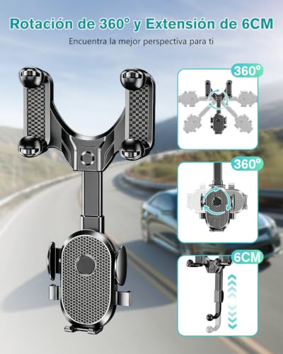 LONGLIV Soporte Celular Auto, Soporte de Teléfono Giratorio y Retráctil de 360°, Multipropó Sito, se Puede Utilizar en los Espejos Retrovisores del Coche, Compatible con iPhone, Xiaomi, Redmi, Huawei