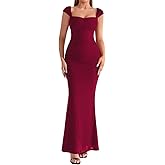 VKIHOC Cap Sleeve Long Formal Dress Elegant Lace Up Bodycon Ruched Maxi Cocktail Wedding Guest Dresses for Women
