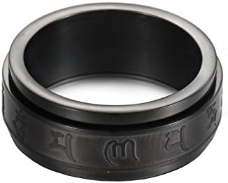 XIMAKA Men's Jewelry 316l Stainless Steel Retro Buddhist Black/Silver Mantra Pattern Spinner Lucky Religious Ring