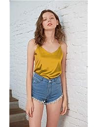 Wantschun Camisola de satén de seda para dama, chaleco liso con tiras, camiseta sin mangas, cuello en V, correa de espagueti