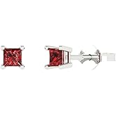 14K White Gold Plated 925 Sterling Silver Push back Dainty Stud Earrings for Women - 0.5 cttw Princess Cut Natural Garnet