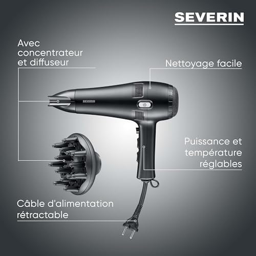Seche cheveux avec câble rétractable automatique, Sèche cheveux avec diffuseur et concentrateur amovibles, sèche-cheveux puissant 2 100 W, Noir, HT 0165