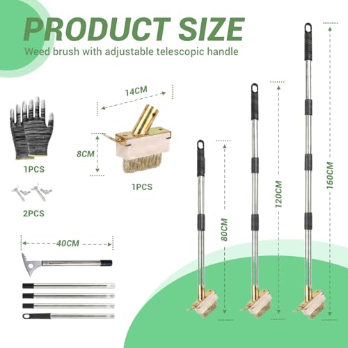 Kosmoflux Weed Remover Tool for Block Paving, 1-Sec Quick Release Weeding Tool with 63" Long Handle, 4-in-1 Scraper Axe & Metal Wire Brush Set for Garden Patio Driveway Crack Moss Removal