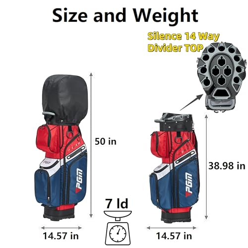 PGM Black Golf Cart Bag, 14 Way Silent Top Divider Premium Golf Bag with Ergonomic Handles & Rain Cover
