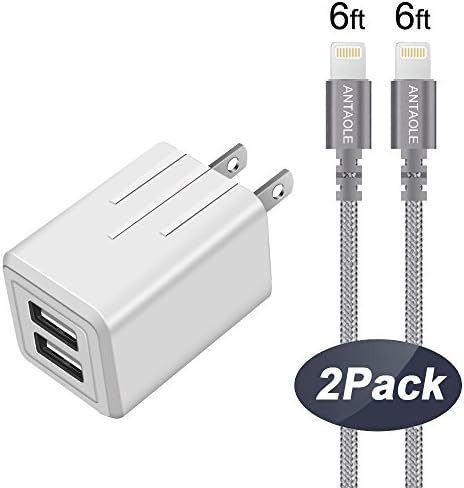 iPhone Charger, ANTAOLE Dual Port Travel Wall Power Adapter 2.4A 12W with Nylon Braided Lightning Cable[2-PACK] 6feet USB Data Charge Sync Cable for iPhone X/8/7/6S/6/ Plus/SE/5S/5C, iPod, iPad