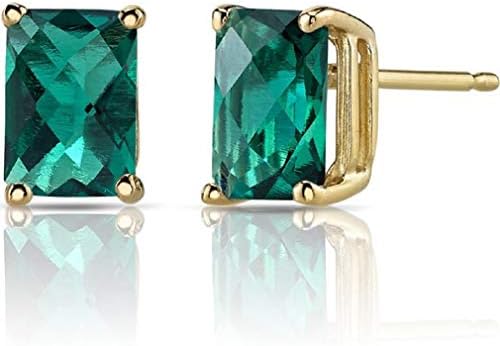 CGJ Women's Created Radiant Emerald Prong Set Stud Earrings 14k Yellow Gold Finish