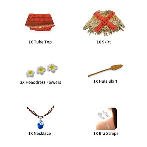 Moana Girls Adventure Outfit Cosplay Costume Skirt Set with Necklace&flower (3.28FT)