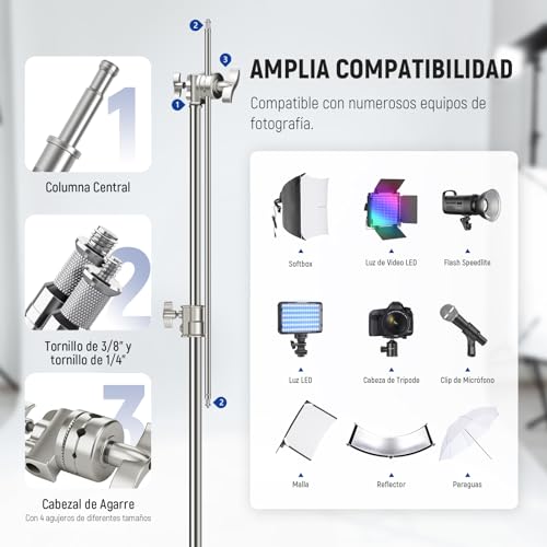 NEEWER Pro 100% Acero Inoxidable Resistente Soporte C con Brazo de Pluma, Altura Máx 68"/172cm Soporte de Luz Fotografía con Brazo 2.7ft/83cm, 2 Cabezales para Monoluz, Softbox, Reflector, SC172