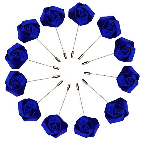 Sanrich Rose Boutonniere Men's Lapel Pins Satin Flower 12 Pack Groom Wedding Boutonniere Suit Brooch Outfit Accessories (royal blue)