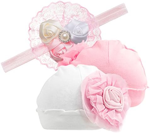 ERISO Newborn Hospital Beanie Hat - Soft Cotton Flower for Baby Girl 2 Pack Caps