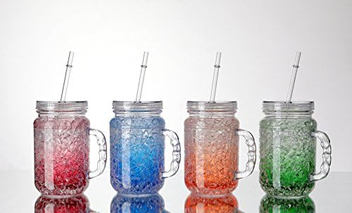 JF Double Wall Gel Frosty Freezer Jars Set With Covers and Straws 18Oz (Red, Blue, Orange, Green)