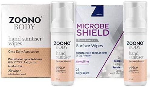 Zoono Traveller’s Pack – Keep Holidays Germ Free | Hand Sanitiser (x2), Hand Sanitiser Individual Wipes & Microbe Shield All Purpose Surface Wipes
