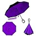 Double Layer Wind UV Proof Reverse Folding Inverted Travel Umbrella with C Shape Handle and Carrying Bag-Purple