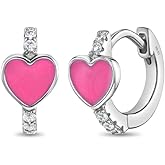 In Season Jewelry 925 Sterling Silver Heart Enamel Hoop Earrings For Toddlers and Little Girls - Glimmering Themed Hoop Earrings For Children - Girls Love Themed Hoops