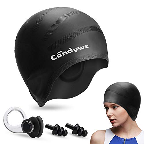 Candywe Swim Cap Cover Ears, Waterproof Silicone Bathing Swimming Cap,Swim Hat for Long Short Hair Women Men Kids Swimming Pool Caps with Nose Clip and Ear Plugs (Black)