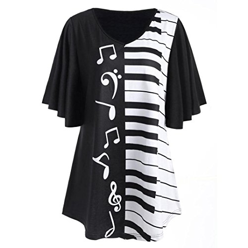 Outsta Hot Sale Women Blouse Musical Notes & Piano Keyboard Print Tops Casual Loose Short-Sleeved T-Shirt (XXXL)