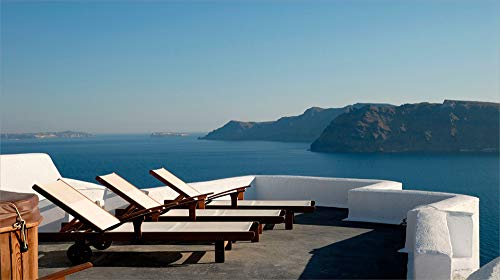 Lunarable Travel Cola Can Shape Piggy Bank, Sunlounger at Terrace in Santorini Greece Resort Relaxation Aegean Print, Ceramic Cola Shaped Coin Box Money Bank for Cash Saving, Pale Blue White Brown