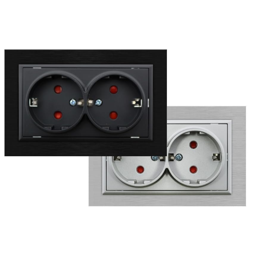 Doppel-Einbausteckdose Typ Schuko, schwarz, sichere Verbindung, elegantes Design, ideal für Zuhause und Büro.
