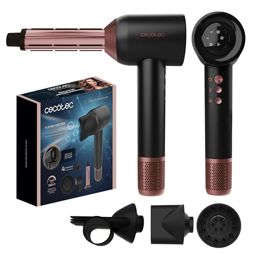 Cecotec Secador de Pelo con Tecnología de Plasma DryGlam Waves Black. 1600W, 110000 RPM, Motor Brushless, Cabezales con Efecto Coanda, Pantalla Digital, Control Inteligente del Calor, Función Memoria