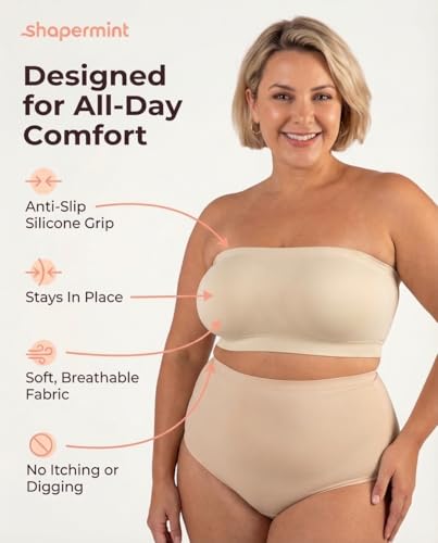 SHAPERMINT Strapless Bra, Wireless Non-Slip Bandeau, Convertible Straps, Molded Strapless Bras for Women S to Large Breasts