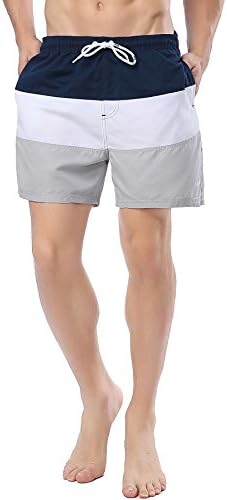SHDAS Striped Men's Quick Dry Swim Trunks with Mesh Liner &amp; Pockets Navy/White/Grey Size Small