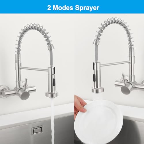 Tondiy 11cm Wall Mounted Kitchen Mixer Tap with Flexible Spout, 2 Jet Types | 360° Rotatable Stainless Steel Kitchen Tap | Ceramic Cartridge | Single Handle Brushed