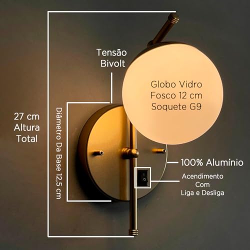 Arandela de Parede Moderna Inclinada Dourada Com Interruptor com Globo Vidro 12cm Para Decorar Casa e sala, Cama Cabeceira, Quarto, lavabo