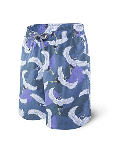 Saxx Men's Swim Shorts - Cannonball 2N1 Long Swim Trunks with Pockets - Board Shorts with Mesh Liner,Grey Cranes,Large