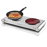 Hot Plate, Techwood Electric Stove Countertop Double Burners for Cooking Infrared Ceramic 1800W Dual Cooktops With Adjustable Temperature Control Brushed Stainless Steel Easy To Clean Upgraded Version