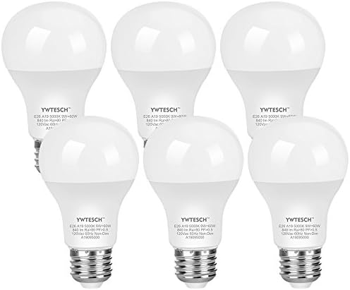 A19 LED Light Bulbs YWTESCH 9W (60W Equivalent) Non-Dimmable 5000K Daylight, 840-Lumen, E26 Medium Base, 220 Degree Beam Angle, Pack of 6