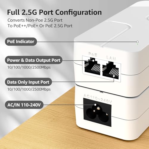 YuanLey PoE Injector 2.5G 30W, PoE+ Converts Non-PoE Port to PoE+, 52V IEEE 802.3at/AF, 10/100/1000/2500Mbps Ethernet Adapter Plug & Play, Up to 100m