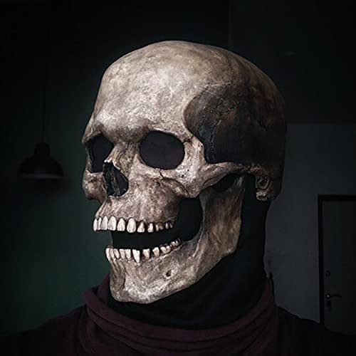 Halloween Horror Decoration Full Head Skull Mask/Helmet with Movable Jaw, Adult Entire Head Realistic Latex Helmet, Creepy Scary Skeleton Headgear (Soft Glue-Gray)