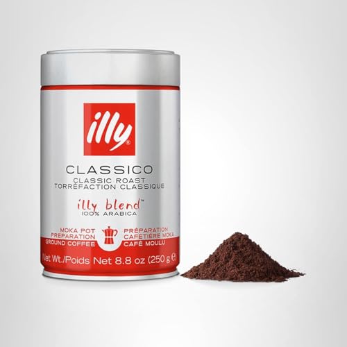 ILLY GROUND COFFEE MOKA – 100% ARABICA FLAVORED COFFEE GROUND – RICH AROMATIC COFFEE GROUNDS PROFILE – CLASSICO MEDIUM ROAST – NOTES OF CARAMEL, ORANGE BLOSSOM & JASMINE – NO PRESERVATIVES – 8.8 OUNCE