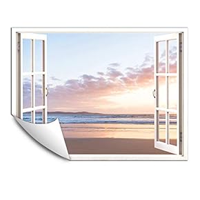Wall Murals for Bedroom Fake Window Beach White Window Removable Wallpaper Peel and Stick Wall Stickers - 24x32 inches