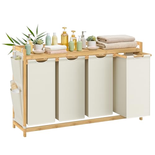 Panier à Linge, avec 4 Compartiments, Corbeille à Linge Sale, en Bambou, Capacité de 200 Litres, avec Étagère, Poches Latérales, 4 x 50 L, 124,6 x 33 x 78 cm, Blanc Crème RLH120W01