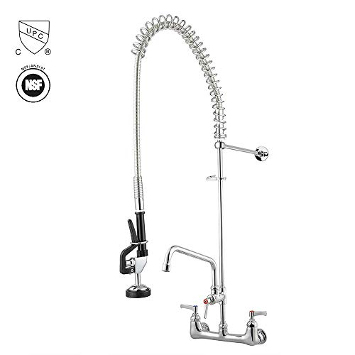 WeChef Double Brass Handle Backsplash 12 inch Commercial Kitchen Pre-Rinse Faucet Chromed with Add-On Pull Down Head - Thumbnail 2