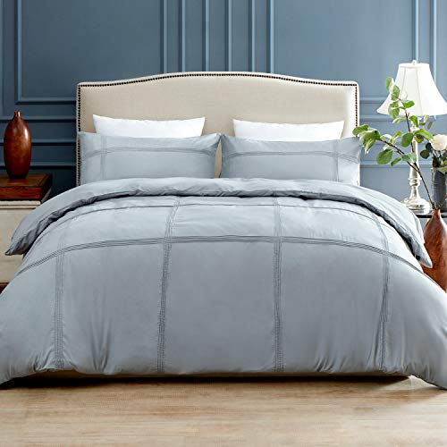 Top Finel Gray Duvet Cover Queen Set Plaid 2 Pillowcases Soft Solid Brushed Microfiber Durable Wrinkle & Fade Resistant Comforter Protector
