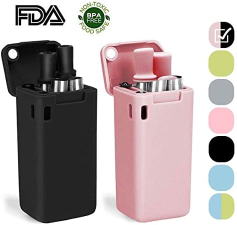 Portable Collapsible Straws, Reusable Stainless Steel Drinking Folding Straws with Cleaning Brush (Black+Pink)