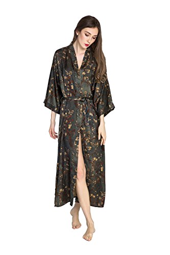 Old Shanghai Women's Kimono Robe Long - Watercolor Floral, Yurina- Slate, One Size - Thumbnail 3